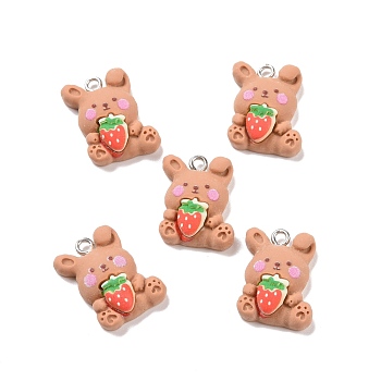 Opaque Resin Pendants, with Platinum Tone Iron Loops, Rabbit with Strawberry Charm, Chocolate, 21x15x6.7mm, Hole: 2mm