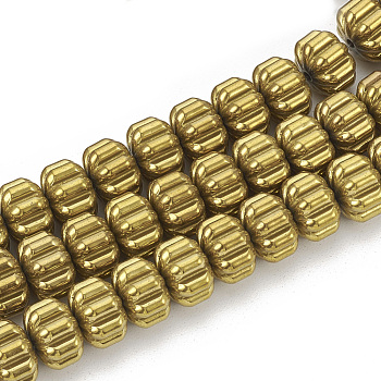 Electroplate Non-magnetic Synthetic Hematite Corrugated Beads Strands, Pumpkin, Golden Plated, 8x6mm, Hole: 1mm, about 70pcs/strand, 15.7 inch