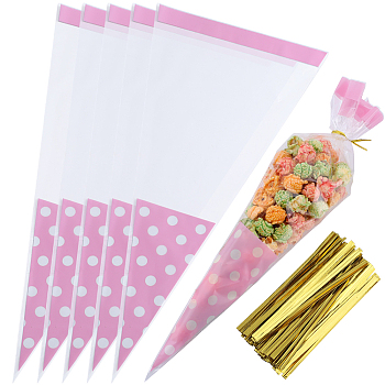 100Pcs OPP Christmas Candy Bags, Polka Dot Triangle Candy Pouches, Pearl Pink, 36.3x17.8x0.02cm