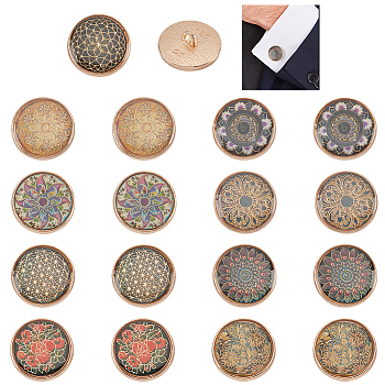 Elite 18pcs 9 style 1-Hole Zinc Brass Enamel Shank Buttons, with Alloy Findings, Half Round, Mixed Patterns, 18x7~8mm, Hole: 2mm, 2pcs/style