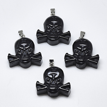 Natural Black Agate Pendants, with Stainless Steel Snap On Bails, Skull, Stainless Steel Color, 34~36x35~37x12~13mm, Hole: 3~4x7~8.5mm