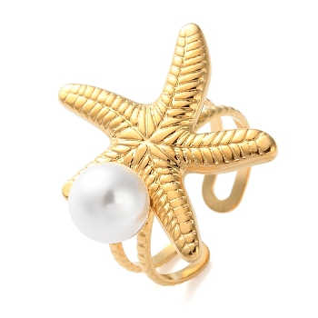 304 Stainless Steel Cuff Rings, Marine Elements Resin Imitation Pearl Open Ring for Women, Real 18K Gold Plated, Starfish, 24x23mm