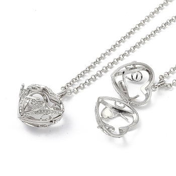Brass with Rhinestone Pendant Necklaces, Iron Rolo Chains, Heart, Platinum, 31.89 inch(810mm)