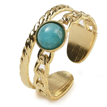 Natural Amazonite Finger Rings, 304 Stainless Steel Open Cuff Rings, Real 18K Gold Plated, 8.5mm, Adjustable