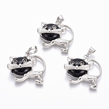 Natural Black Agate Kitten Pendants, with Platinum Tone Brass Findings, Cartoon Cat Shape, 28x30x9mm, Hole: 5x7mm