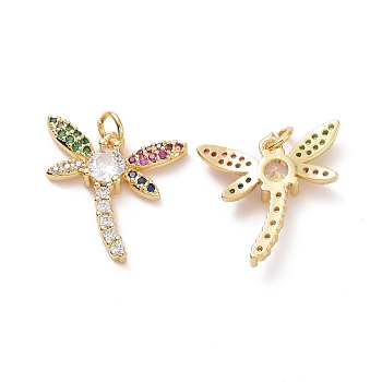 Brass Micro Pave Colorful Cubic Zirconia Pendants, with Jump Ring, Dragonfly Charms, Golden, 18.5x19x4mm, Hole: 3.5mm