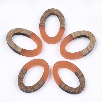 Resin & Walnut Wood Pendants, Oval, Coral, 28.5x19.5x3~4mm, Hole: 1.8mm