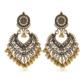 Bohemian Ethnic Style Alloy Chandelier Earrings, Flat Round with Teardrop, Antique Golden, 75x50mm
