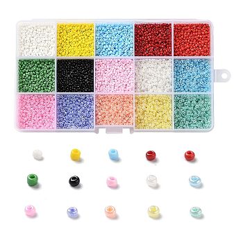 180G 15 Colors Glass Seed Beads, Opaque Colours, Round, Mixed Color, 12/0, 1.5~2.5x1.5~2mm, Hole: 0.5~1mm, 12g/color