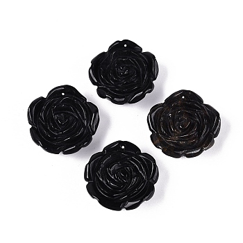 Natural Obsidian Carved Pendants, Rose Flower Charms, 34x34.5x13~13.5mm, Hole: 0.9~1mm