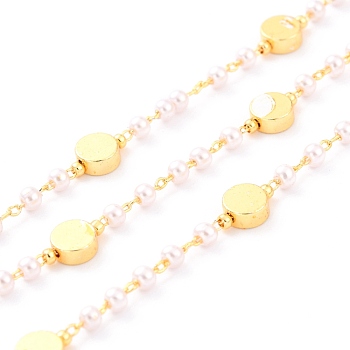 Handmade CCB Plastic Imitation Pearl Beaded Chains, with Brass Flat Round Beads and Spool, Soldered, Long-Lasting Plated, Round, Golden, Round Beads: 3mm, Flat Round Beads: 6x3mm, 32.8 Feet(10m)/roll