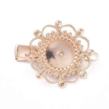 Hair Accessories Iron Alligator Hair Clip Findings, with Brass Filigree Flower Cabochon Bezel Settings, Long-Lasting Plated, Light Gold, Tray: 12mm, 34.5mm, Flower: 28mm