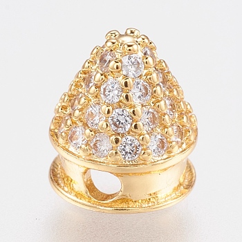 Brass Micro Pave Cubic Zirconia Beads, Cadmium Free & Nickel Free & Lead Free, Rivet, Cone, Clear, Real 18K Gold Plated, 7x7.5mm, Hole: 1mm and 4mm