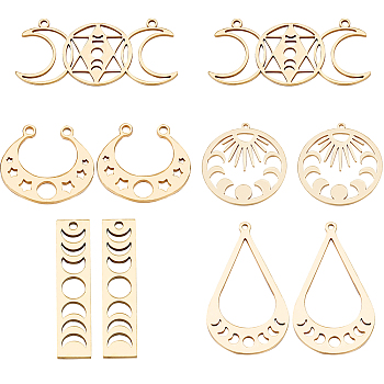 10Pcs 5 Style 201 Stainless Steel Laser Cut Pendants, Moon Phase & Flat Round with Star of David, Golden, 19~39x8~28x1mm, Hole: 1.5~1.8mm, 2pcs/style