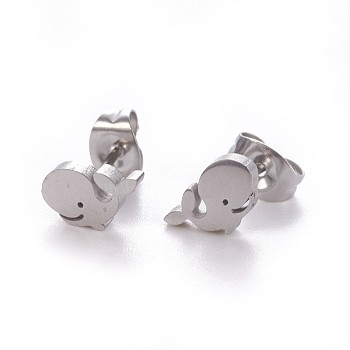 304 Stainless Steel Stud Earrings, with Ear Nuts/Earring Back, Whale Shape, Stainless Steel Color, 5x8.5mm, Pin: 0.8mm