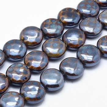 Handmade Eco-Friendly Porcelain Beads, Flat Round, Coffee, 18.5~19x8.5~9mm, Hole: 2.5~3mm