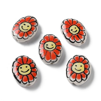 Handmade Porcelain Beads, Famille Rose Porcelain, Oval with Flower, Red, 19x14~16x5~6mm, Hole: 1.2mm
