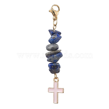 5Pcs 5 Style Natural Mixed Gemstone Chips & Alloy Enamel Cross Pendant Decorations(HJEW-JM01793-S)-3