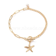 Anklets, with Natural Pearl Beads, Brass Curb Chains & Paperclip Chains, 304 Stainless Steel Toggle Clasps & Pendants, Starfish, Golden, 9-5/8 inch(24.5cm)(AJEW-AN00366-01)