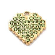 304 Stainless Steel Rhinestone Charms, Heart, Ion Plating(IP), Real 14K Gold Plated, Peridot, 11.5x11.5x2mm, Hole: 1mm(STAS-M092-06G-05)