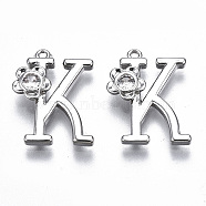Brass Pendants, with Rhinestones, Alphabet, Platinum, Letter.K, 18x13.5x2.5mm, Hole: 1mm(KK-Q768-001P-K)