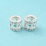 Brass Micro Pave Cubic Zirconia European Beads, Large Hole Beads, Long-Lasting Plated, Lead Free & Cadmium Free, Hollow Column with Letter.X, Silver, 8x7mm, Hole: 4.8mm(KK-H452-11S)