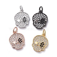 Brass Micro Pave Cubic Zirconia Pendants, Long-Lasting Plated, Skull, Clear, Mixed Color, 15.1x12x2.3mm, Hole: 3mm(ZIRC-G160-36)