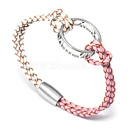 Alloy Ring Links Bracelets, with Leather Cord and Alloy Magnetic Clasps, Platinum, Pearl Pink, 7-1/2 inch(19cm)(BJEW-F352-17P-01)
