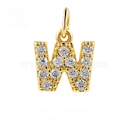 Brass Cubic Zirconia Pendants with Jump Rings, Real 18K Gold Plated, Letter W, 13.2x12.5x2.2mm, Hole: 2.8mm(FIND-PW0024-09W)