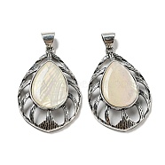 Natural Paua Shell/Abalone Shell Pendants, Antique Silver Plated Alloy Teardrop Charms, Floral White, 49.5x33x9mm, Hole: 7.5x6.5mm(FIND-Z032-01B)