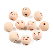 Maple Wood European Beads, Printed, Large Hole Beads, Undyed, Round with Shy Expression, Blanched Almond, 17~18mm, Hole: 5mm, about 280pcs/500g(WOOD-S055-25)