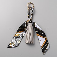 PU Leather Tassels Keychain, with Alloy Key Rings and Polyester Scarves, Gray, 27cm(KEYC-WH0004-27)