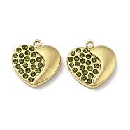 Real 14K Gold Plated 304 Stainless Steel Charms, with Rhinestone, Heart, Olivine, 13.5x13x3mm, Hole: 1.4mm(STAS-L022-063G-01)
