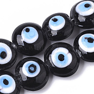 Handmade Evil Eye Lampwork Beads Strands, Flat Round, Black, 16~17x8~9mm, Hole: 1.8mm, about 24pcs/strand, 12.60''(32cm)(LAMP-R143-04A)