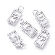 Brass Micro Pave Cubic Zirconia Pendants, with Jump Rings and Natural Shell, Long-Lasting Plated, Cadmium Free & Lead Free & Nickel Free, Rectangle with Heart, Clear, Platinum, 16x8x3mm, Hole: 3.4mm(KK-I673-34P)