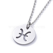 304 Stainless Steel Pendant Necklaces, with Cable Chains and Lobster Claw Clasps, Flat Round with Twelve Constellations, Stainless Steel Color, Pisces, 17.7 inch(45cm), 2mm(NJEW-E147-03P)