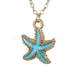 Alloy Enamel Starfish Pendants Necklaces, Real 18K Gold Plated Brass Cable Chains Necklaces for Women, Deep Sky Blue, 14.88 inch(37.8cm)(NJEW-JN04770)