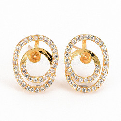 Brass Micro Pave Clear Cubic Zirconia Stud Earring Findings, for Half Drilled Bead, Nickel Free, Oval, Real 18K Gold Plated, 15x12mm, Pin: 0.6mm, Pin: 0.6mm(for Half Drilled Bead)(KK-S240-240-NF)