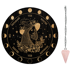 AHADEMAKER Dowsing Divination Supplies Kit, Including PVC Plastic Pendulum Board, 304 Stainless Steel Cable Chain Necklaces, Cone/Spike Natural Rose Quartz Stone Pendants, Women Pattern, Board: 200x4mm(DIY-GA0004-95F)