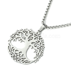 Titanium Steel Pendant Necklaces, Box Chain, Tree of Life, Stainless Steel Color, 23.35~23.46 inch(59.3~59.6cm)(NJEW-L117-03A-P)