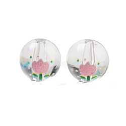 Transparent Printed Acrylic Beads, Round with Flower, Clear, 13mm, Hole: 2.5mm(OACR-H124-06A)