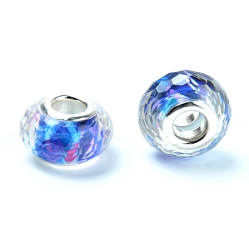 Transparent Plastic European Beads, with Platinum Tone Zinc Alloy Double Core, Large Hole Beads, Faceted Rondelle, Blue, 14x9mm, Hole: 5mm