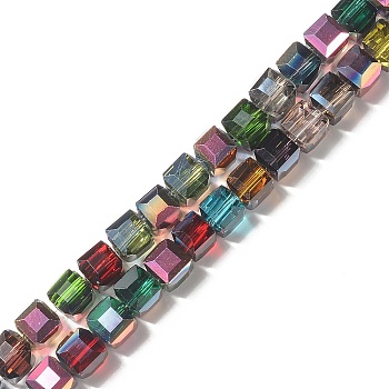 Transparent Electroplated Glass Beads Strands, Multi-color Plated, Faceted, Cube, Colorful, 5.5x5.5x5.5mm, Hole: 1.2mm, about 92pcs/strand, 20.28 inch(51.5cm)