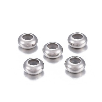 202 Stainless Steel Beads, with Rubber Inside, Slider Beads, Stopper Beads, Rondelle, Stainless Steel Color, 6x3mm, Hole: 2.5mm, Rubber Hole: 1.5mm
