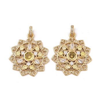 Brass Micro Pave Cubic Zirconia Pendants, Real 18K Gold Plated Flower Charms, Clear, 32x29x4.5mm, Hole: 5x2.7mm