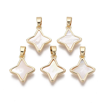 Brass Pendants, with Freshwater Shell, Nickel Free, Real 18k Gold Plated, Star, Seashell Color, 16x13.5x3mm, Hole: 2x4mm