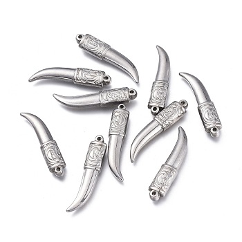 304 Stainless Steel Pendants, Scabbard/Tusk Shape, Stainless Steel Color, 31x7.5x4.3mm, Hole: 1.4mm