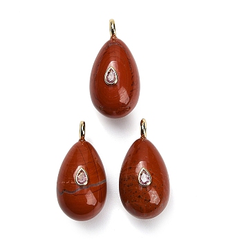 Natural Red Jasper Pendants, Teardrop Charms, with Brass Pave Cubic Zirconia Findings, Golden, 38~39.5x20~21x21.5~22.5mm, Hole: 4.5mm