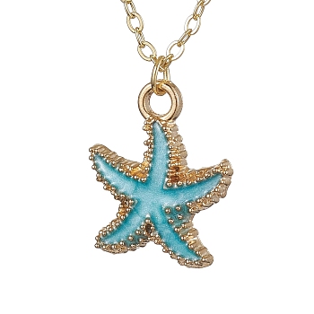 Alloy Enamel Starfish Pendants Necklaces, Real 18K Gold Plated Brass Cable Chains Necklaces for Women, Deep Sky Blue, 14.88 inch(37.8cm)