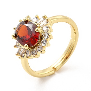 Red Glass Flower Adjustable Ring with Cubic Zirconia, Brass Jewelry for Women, Real 18K Gold Plated, US Size 7 1/4(17.5mm)